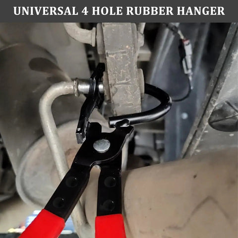 Exhaust Hanger Removal Tool Kit With 2 Four Hole Hangers showing pliers detaching car muffler