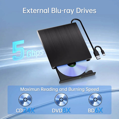 External Blu Ray Drive With Read And Burn Support 3D Blu Ray Burner For PC USB 3.0 High Speed Optical Drive For CDs DVDs And Blu Rays Plug And Play Portable Writer For Windows And Mac, black drive with USB-C cable