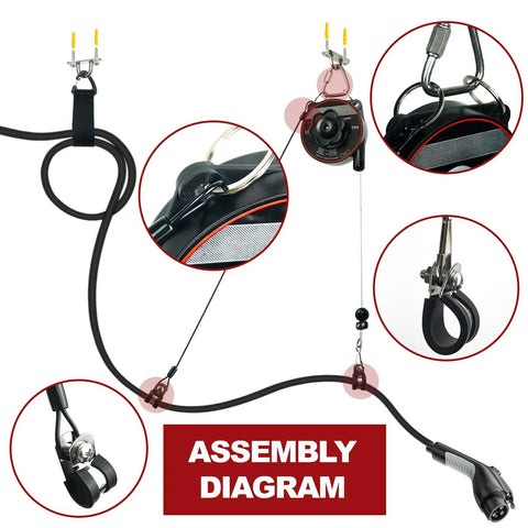 Universal Ev Charger Cable Retractor Features Slick Garage Cord Organizer For Level 2 Wall Or Ceiling Mount Assembly diagram with parts labeled.
