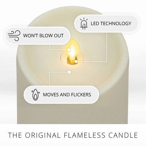 Outdoor Flameless LED Ivory Candle With Real Moving Flame And Melted Edge 3.75 Inch By 5 Inch Battery Operated Timer details