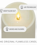 Close-up of Outdoor Flameless LED Ivory Candle With Melted Edge, 3.75 x 7 Inches, Real Moving Flame showing LED technology