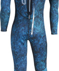 Back view of Tokugawa 3mm Wetsuit For Spearfishing And Freediving With Blue Camouflage Nylon One Piece, Size XL