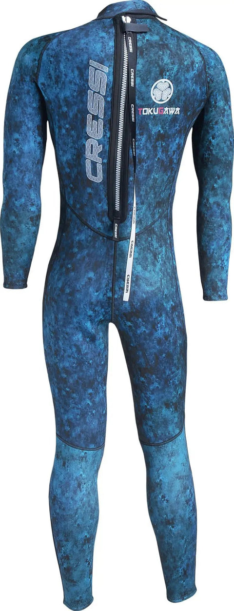 Back view of Tokugawa 3mm Wetsuit For Spearfishing And Freediving With Blue Camouflage Nylon One Piece, Size XL