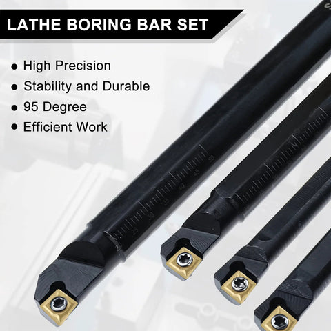 NORJIN 14-piece lathe boring bar set with black bars and gold carbide inserts, angled side view