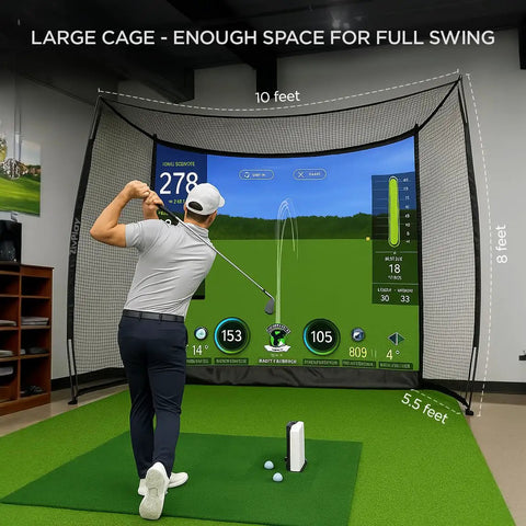 Indoor Golf Cage With Impact Screen And Side Enclosure, Top Net, Full Swing Practice Cage For Home Use, 10x8 ft, man swinging