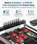 Close-up of Power Tool Organizer Cart for Garage With 8 Outlet 3 USB Charging Station showing outlets and charging ports.