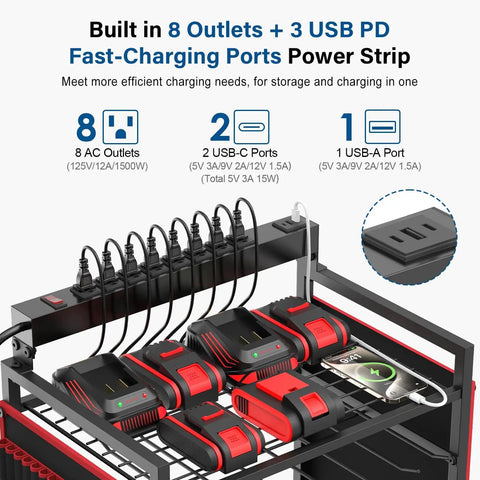 Close-up of Power Tool Organizer Cart for Garage With 8 Outlet 3 USB Charging Station showing outlets and charging ports.