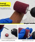 Close-up using 7 Piece Non-Woven Abrasive Buffing Wheel Set For Drill With One Quarter Inch Shank on wood, showcasing installation.