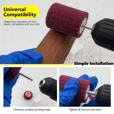 Close-up using 7 Piece Non-Woven Abrasive Buffing Wheel Set For Drill With One Quarter Inch Shank on wood, showcasing installation.