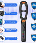 Handheld Hidden Camera And GPS Tracker Detector With Anti Spy RF Scanner and charging cable shown with icons for spyware detection