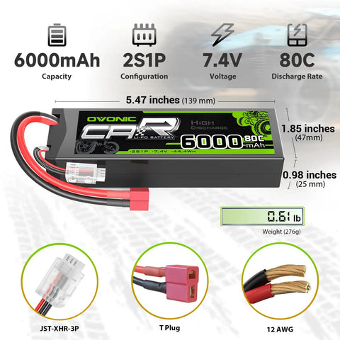Diagram showing 6000mAh 80C 2S 7.4V LiPo Battery Hardcase With Dean Style T Connector, dimensions, capacity, and features.