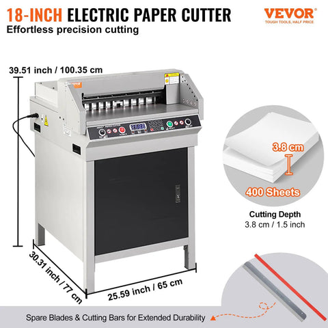 VEVOR Heavy Duty Electric Hydraulic Paper Cutter 18 Inch Cutting Width with four inch thick capacity, featuring button control.