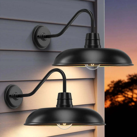 Outdoor Gooseneck Barn Light 14 Inch Wide Two Pack Farmhouse Industrial Rustic Black Waterproof Wall Mount Lamps For Garage Entryways Barn Exterior Lighting
