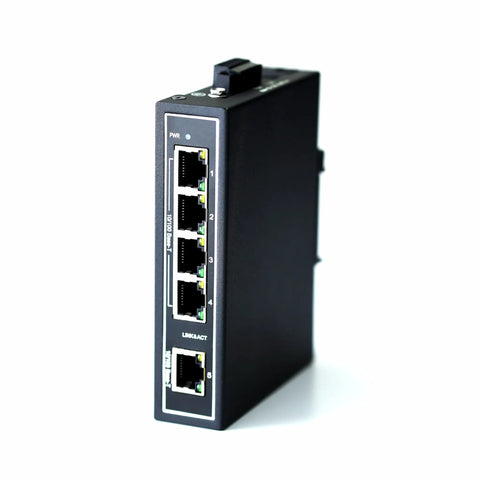 Unmanaged 5 Port Industrial Ethernet Switch 10/100Mbps Plug And Play With DIN Rail Or Wall Mount UL Listed Fanless Wide Temperature Front View