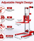 Premium 400 Pound Capacity Manual Material Lift Winch Stacker featuring 122 Inch maximum height and adjustable legs in red.