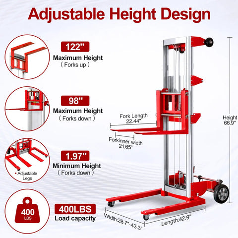 Premium 400 Pound Capacity Manual Material Lift Winch Stacker featuring 122 Inch maximum height and adjustable legs in red.