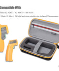 RLSOCO hard case for infrared thermometer, open view with foam inserts and mesh zip pocket, yellow zipper