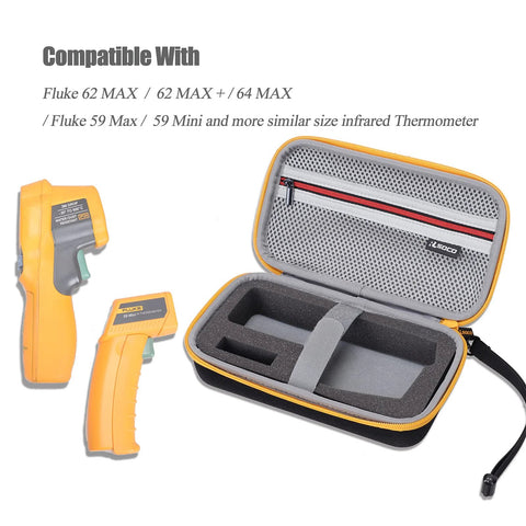 RLSOCO hard case for infrared thermometer, open view with foam inserts and mesh zip pocket, yellow zipper