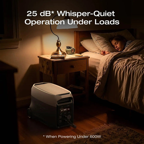 Delta 3 Ultra Portable Power Station With Solar Panel And 3072Wh LiFePO4 Battery in a bedroom with quiet operation