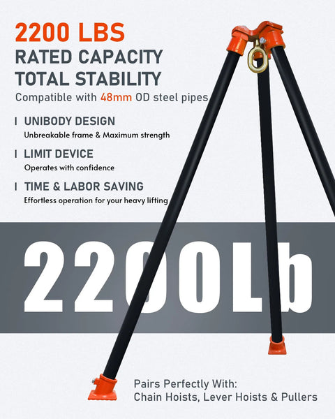 Industrial-Grade Tripod Head And Base Set For Heavy Lifting, 2200 Lbs Capacity, unibody design, and 48mm OD steel pipes