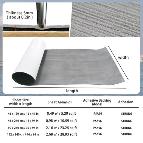 Grippy Non Slip EVA Boat Floor Decking Self Adhesive Mat showing thickness, size options, and adhesion details