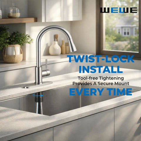 High Arc Brushed Nickel Kitchen Faucet With Pull Down Sprayer, Single Handle Tulip Design, in modern kitchen setting
