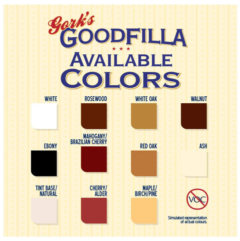 Gork's GoodFilla Available Colors chart showing various wood filler tint options in a range of hues.