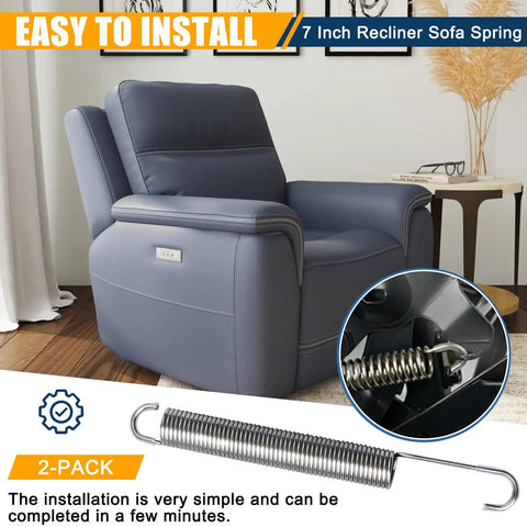 2 Pack Heavy Duty 7 Inch Recliner Tension Springs For Sofa Chair Mechanism Replacement Featuring Smooth Glide Motion And No Sweat Setup For Rock Solid Couch Comfort, displayed with a recliner.