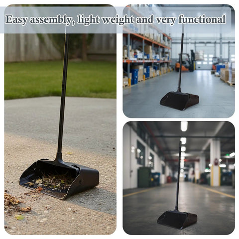 Heavy Duty Upright Standing Dustpan Built Different Tight Pivoting Base Perfect For No Sweat Daily Sweep on outdoor surface with debris.