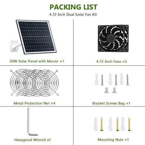 Solar Powered Chicken Coop Fan Kit With 20W Panel Dual 3500 RPM Exhaust Fans Weatherproof IP67 360 Degree Adjustable Mount 8.8 Ft Cable For Greenhouse And Shed Ventilation