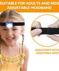 Child wearing headlamp from 8 Pack LED Headlamp Flashlights for Adults and Kids with adjustable strap, next to strap adjustment detail.