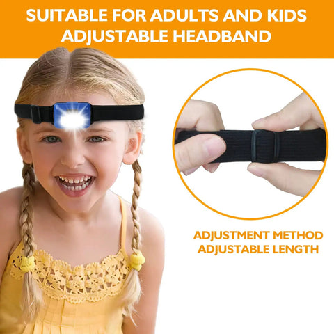 Child wearing headlamp from 8 Pack LED Headlamp Flashlights for Adults and Kids with adjustable strap, next to strap adjustment detail.