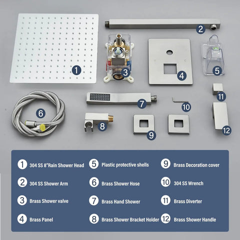 Brushed Nickel Shower System With 12 Inch Rain Head, Handheld Sprayer, Brass Valve, 14.5 Inch Arm, 1.5 Meter Stainless Hose