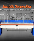 Front view of 100 Inch Manual Sheet Metal Brake For 12 Gauge Steel Bending With Adjustable Fingers And 135 Degree Angles