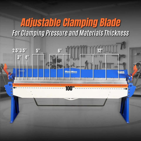 Front view of 100 Inch Manual Sheet Metal Brake For 12 Gauge Steel Bending With Adjustable Fingers And 135 Degree Angles