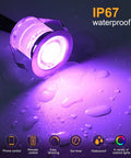 Low Voltage RGB LED Deck Lights Kit Waterproof Recessed Deck Lamps For Outdoor Landscape showing IP67 rating and purple light