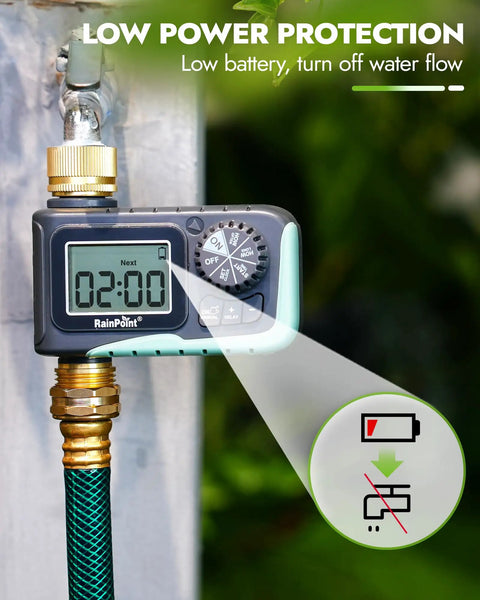 Brass Inlet And Outlet Sprinkler Timer With Rain Delay Programmable Hose Timer attached to a garden hose showing low power alert.