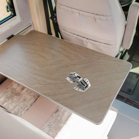 Beefy Heavy Duty RV Cabinet Door Hinge For Camper Cabinets With Hydraulic Soft Close on table in RV interior