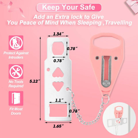 Pink 4 Pack Portable Door Locks With Door Stop Alarms For Extra Privacy And Home Security Easy Tool Free Setup For Travel Hotels Dorms Apartments College Students shown with measurements