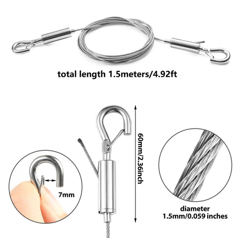 Pro Grade Heavy Duty Picture Hanging Wire Kit With Adjustable Hooks And Tough Stainless Steel Rope holding firm at 66 lbs, 1.5m length.
