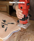 Beefy 630W Wood Router Tool With Fixed Base in use, edge trimming wood, visible trim bits, compact design, 35000 RPM speed