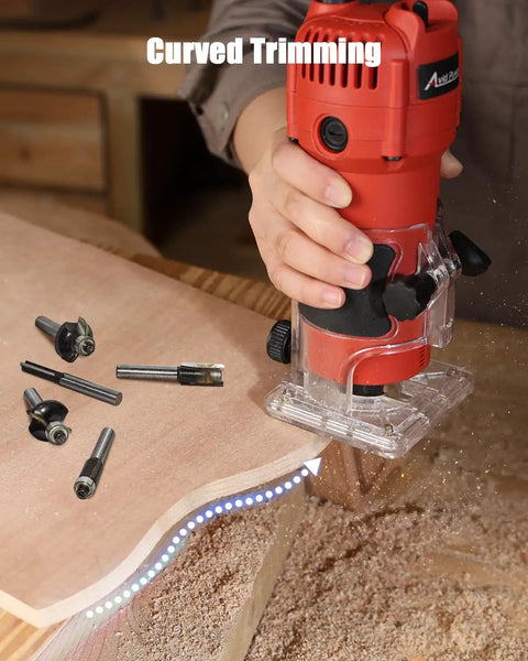 Beefy 630W Wood Router Tool With Fixed Base in use, edge trimming wood, visible trim bits, compact design, 35000 RPM speed