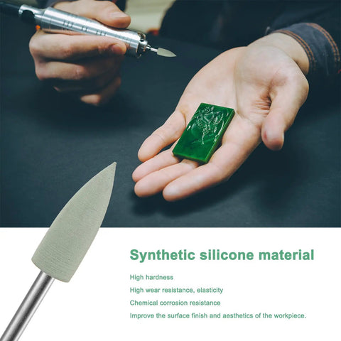 Polishing Bit Set For Rotary Tool, 0.23 Inch Dia Silicone Pointed Buffing Wheel Kit displayed with green carved jade