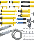 Pneumatic Technic Parts Kit For Lego Builders 19Pcs with yellow and gray cylinders, rods, and hoses laid out on a white background.