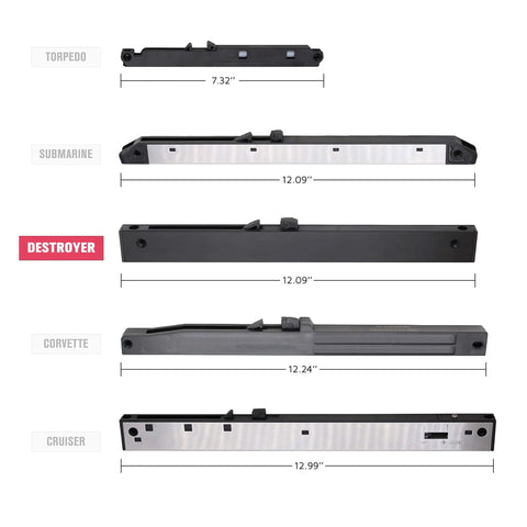 Dimensions and comparisons of Heavy Duty Aluminum Alloy Soft Close Mechanism For DIY Sliding Barn Door Hardware DESTROYER320 models.