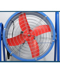 Heavy Duty 24 Inch Industrial Floor Fan Delivering Killer High Velocity Airflow With Easy Angle Tilt Sturdy Steel Frame Built For Hot Sheds And Serious Commercial Worksites showing red blades and blue frame.