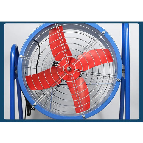 Badass Heavy Duty Industrial Floor Fan Rock Solid 20 Inch Axial Flow Blower showing red blades and blue frame, designed for high velocity air circulation.