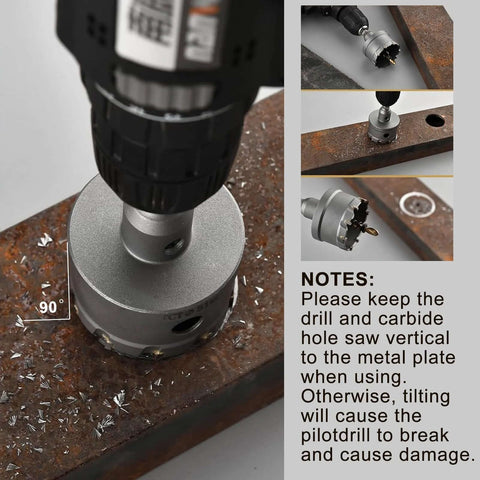 2-inch tungsten carbide hole saw with titanium-plated pilot drill bit, mounted on a drill cutting a rusted metal plate