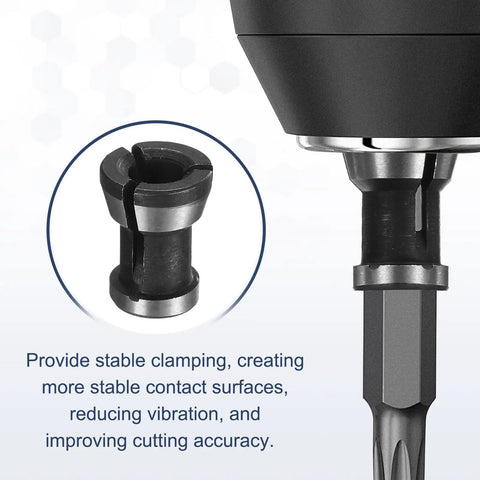 Close-up view of Three Piece Collet Adapter Set With 6mm 8mm And 6.35mm Sizes Carbon Steel Router Collet Reducers sleeve and shank