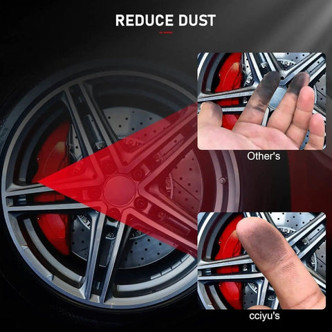 Comparison of dust on fingers from ceramic front and rear brake pad set for 2013-2016 Dodge Dart, low noise